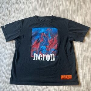 Heron Preston Black Tee with Red & Blue Heron Graphic